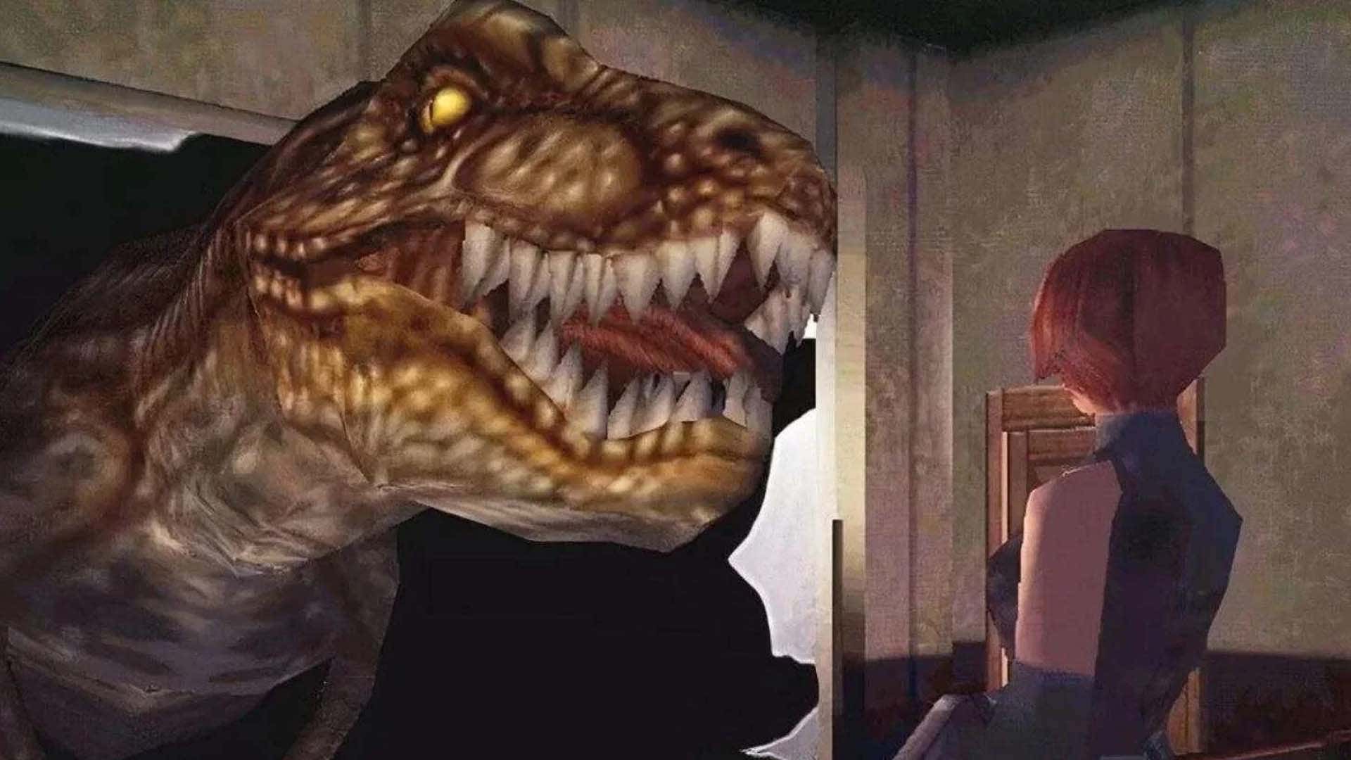 A T-Rex looks at a woman, as seen in Dino Crisis. 